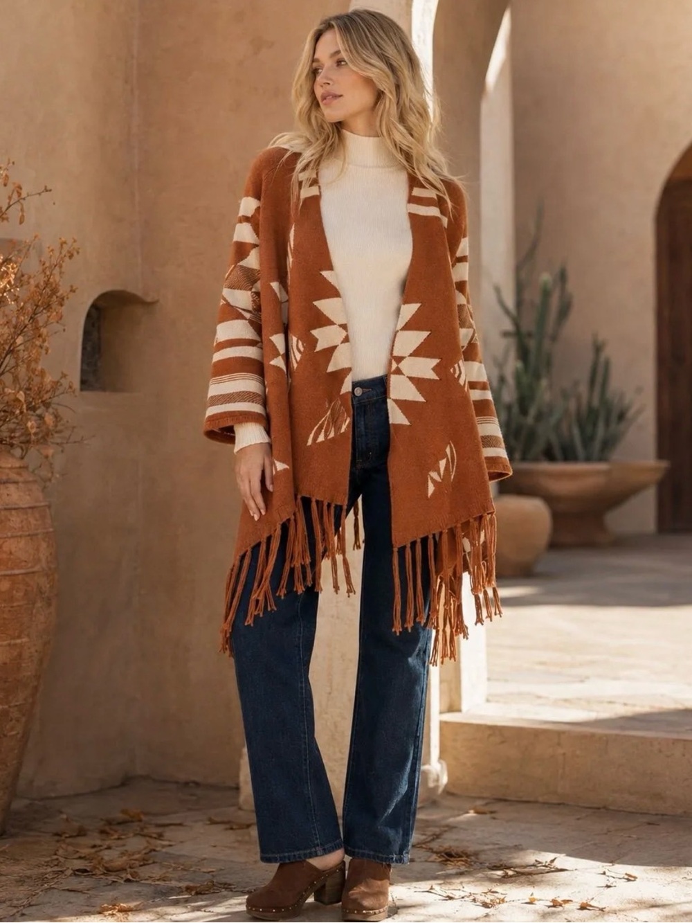 448. Southwest Aztec Fringe bohemian boho Poncho Sweater